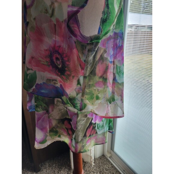 Sheer Bold Floral Tiered Double Layer‎ Cap Sleeve Blouse Top Large - Picture 5 of 9